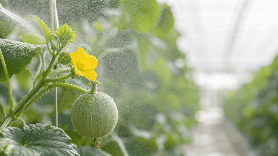 Fine foliar mist contacting the growing crown, open flower and developing young melon fruit in a greenhouse.